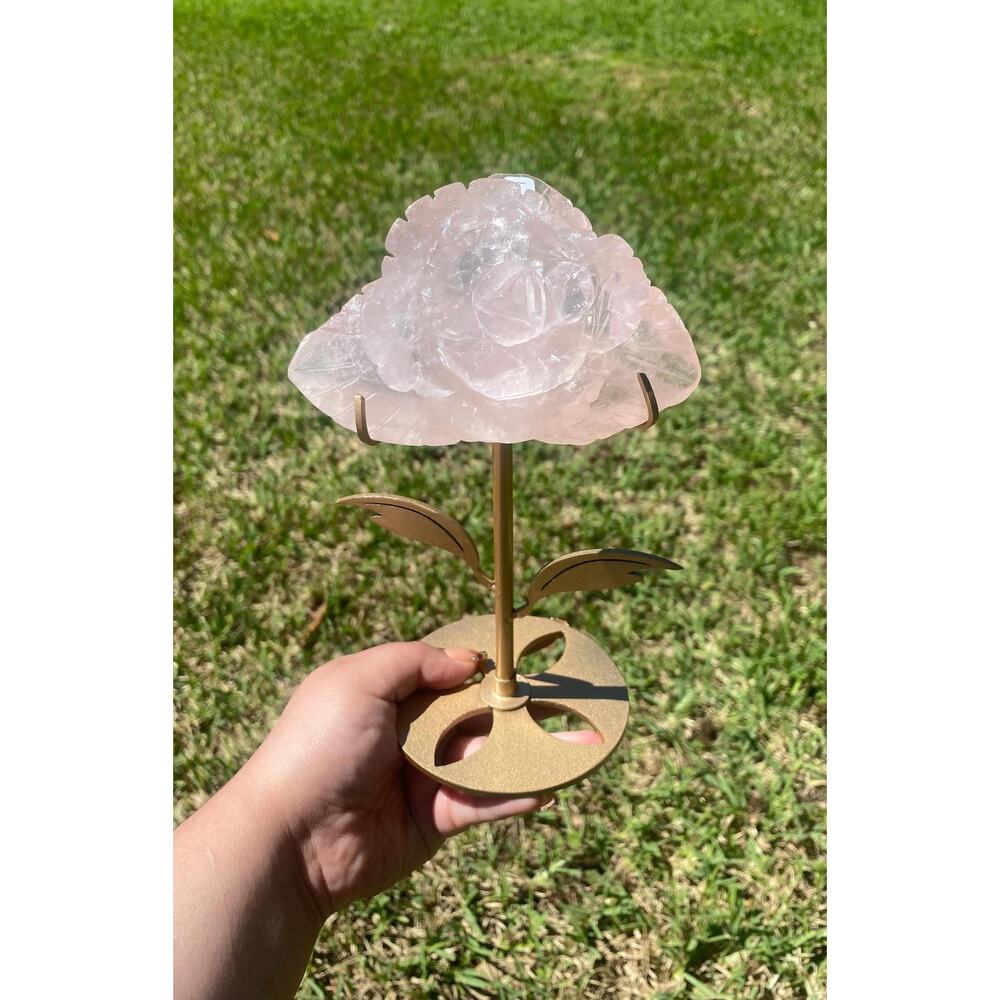 Rose Quartz Rose Carving on Stand, Crystal Statement Piece, Large 386 g Rose